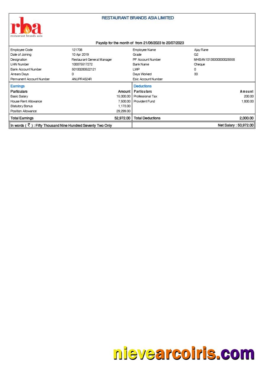 Restaurant Brands Asia payslip